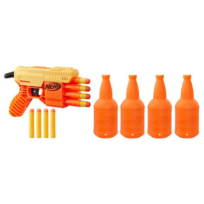 Hasbro Nerf Alpha Strike set with orange and yellow dart gun and foam target bottles