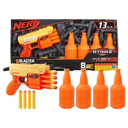 Hasbro Nerf Alpha Strike set with orange blaster gun, foam darts, and four orange target bottles