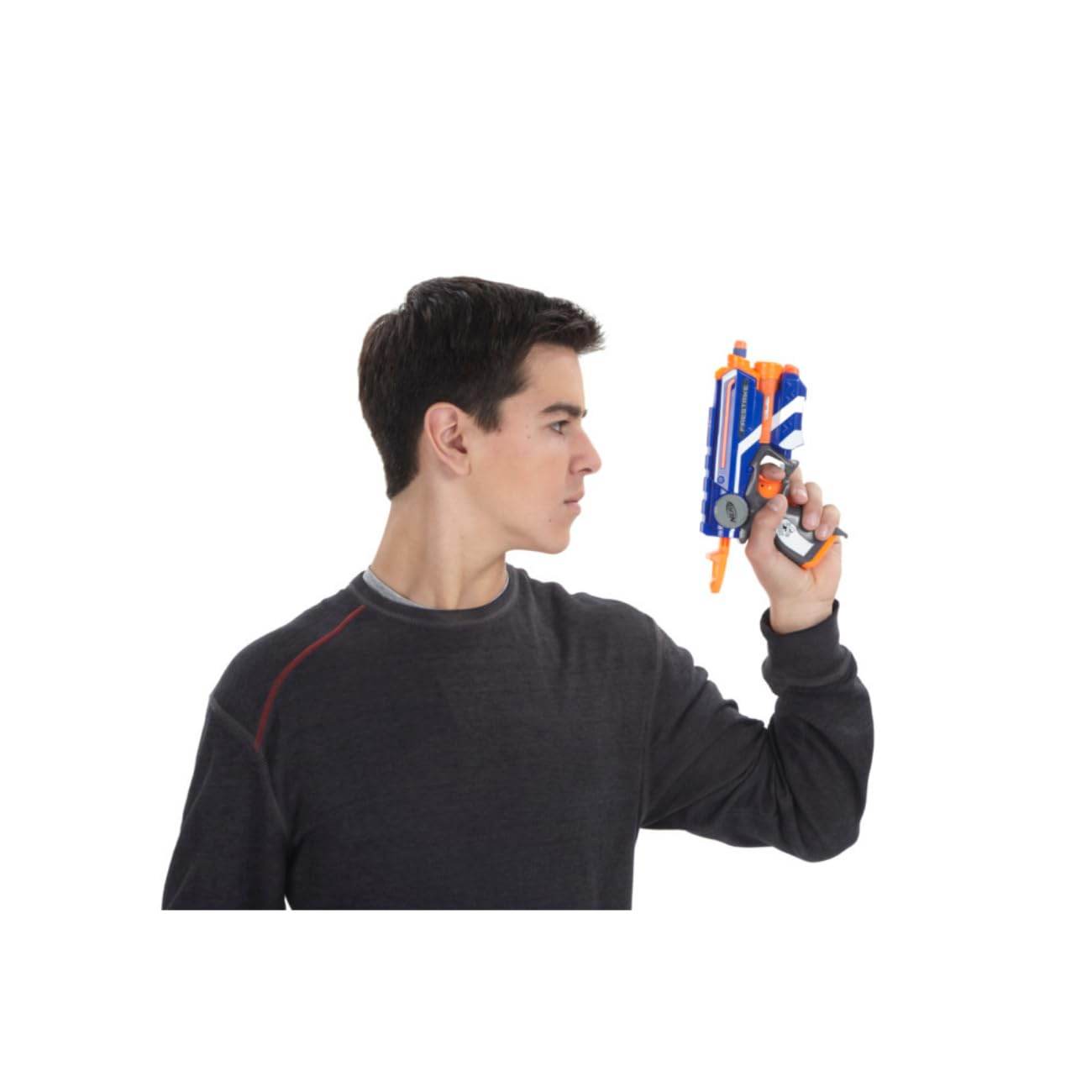 Person holding a blue and orange Nerf N-Strike Elite Firestrike Blaster by Hasbro in a shooting pose
