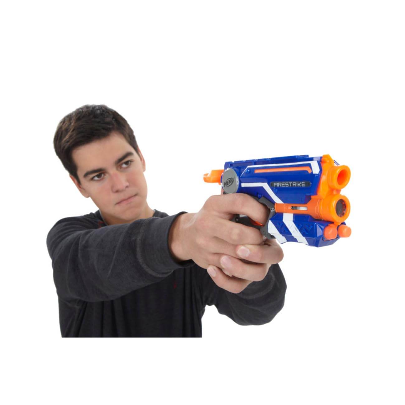 Person aiming a Hasbro Nerf N-Strike Elite Firestrike Blaster in blue and orange colors