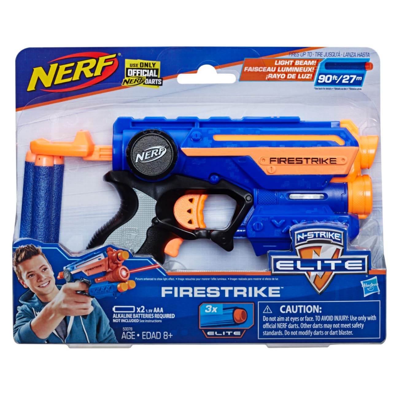 Hasbro Nerf N-Strike Elite Firestrike Blaster in blue and orange with three foam darts in packaging