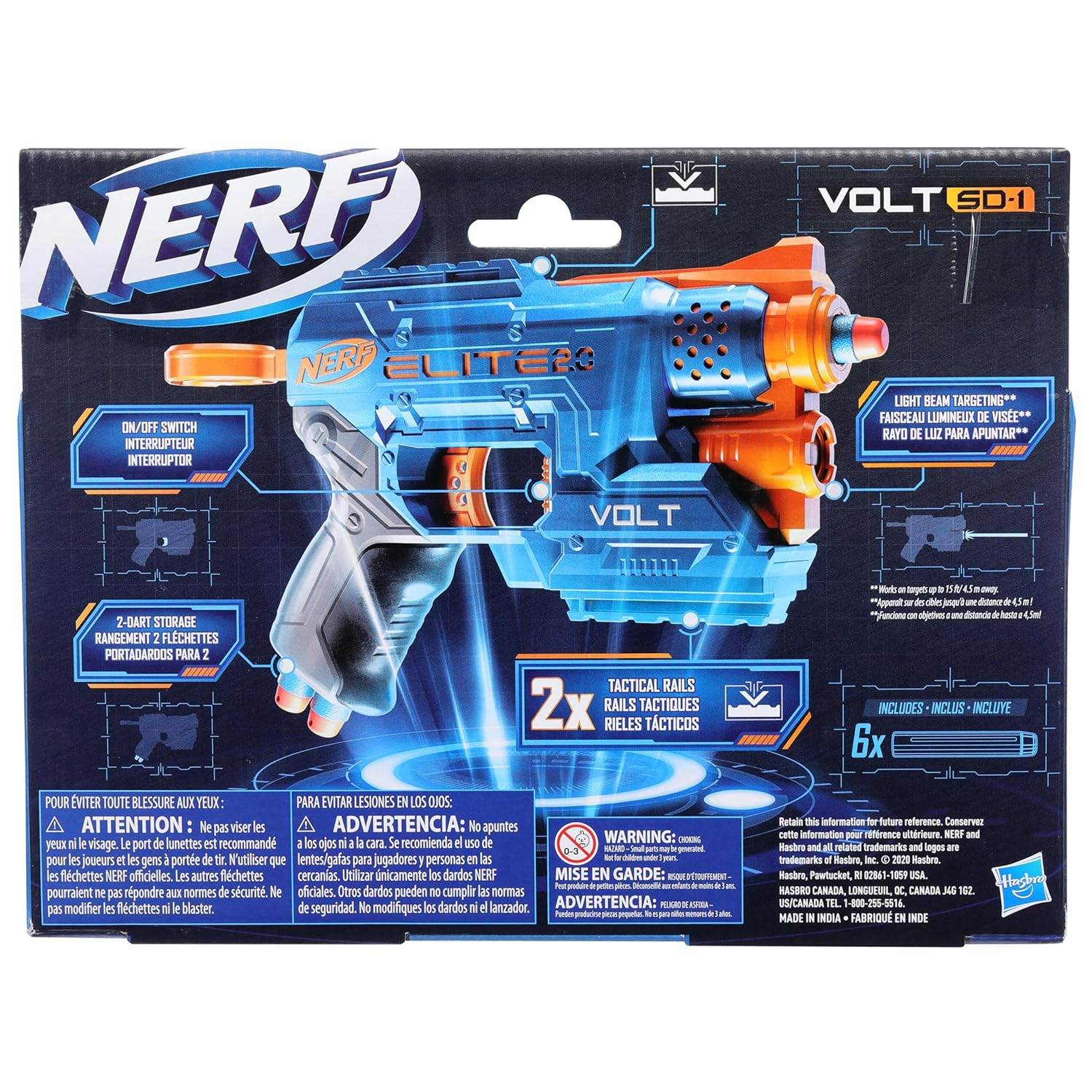 Hasbro NERF Volt SD-1 with darts toy gun in blue and orange with tactical rails and six darts included