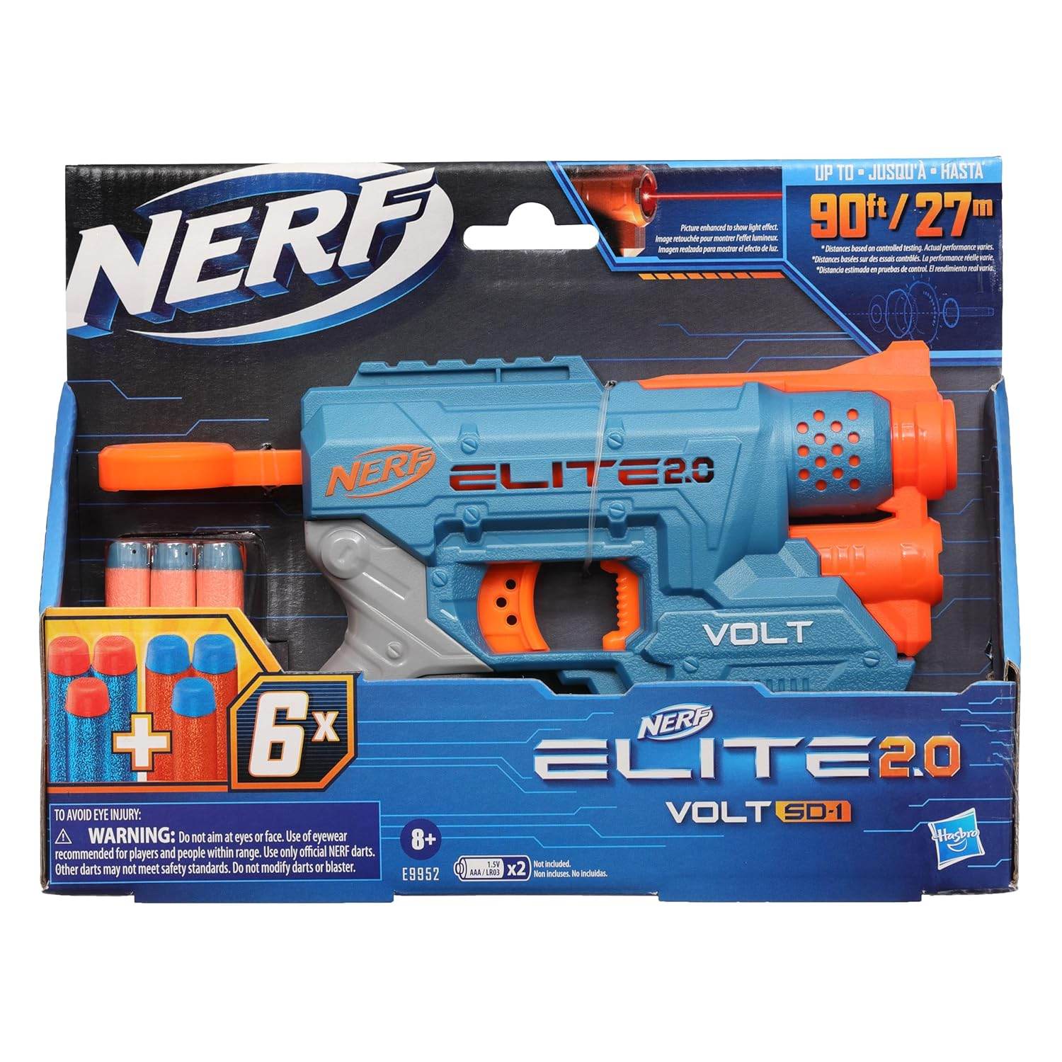 NERF Volt SD-1 with darts by Hasbro in blue and orange with six foam darts and packaging