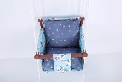 Blue swing set for kids with panda design and soft cushions for comfort