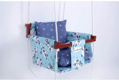 Blue baby swing set for kids with panda design and cushions, suitable for infants