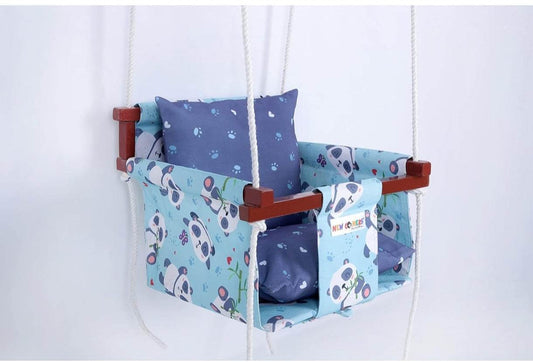 Blue baby swing set for kids with panda design and cushions, suitable for infants