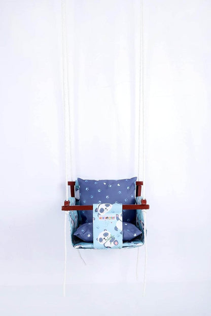 Blue swing set for kids with cushions, ideal for ages 2-5 years, providing fun and comfort
