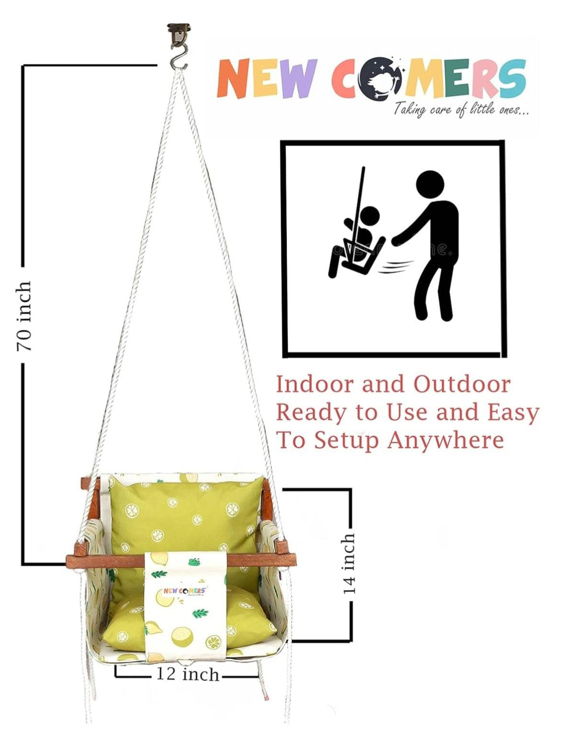 Indoor swing set for kids with green cushions, easy to set up anywhere for ages 2-5