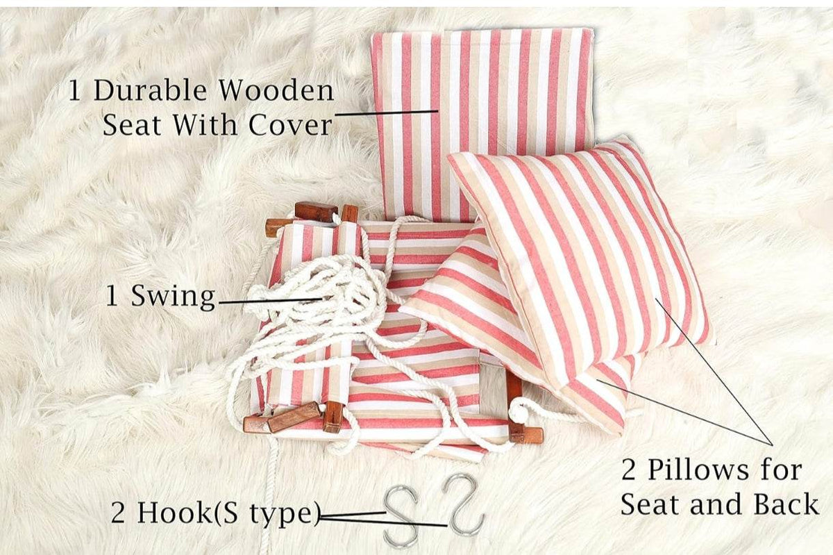 Durable wooden swing set for kids with striped pillows and ropes, ideal for outdoor play.