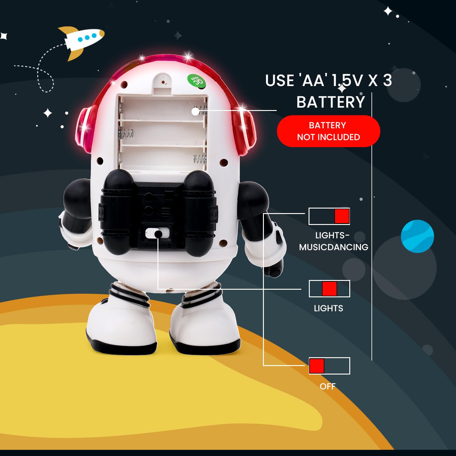 Interactive robot toy with lights and music functions for ages 3 and up