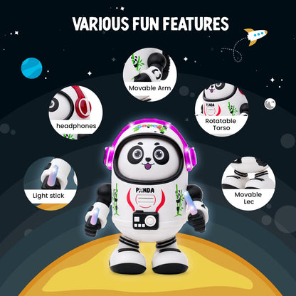 Panda stuffed toy with movable arms, rotatable torso, and colorful headphones for kids