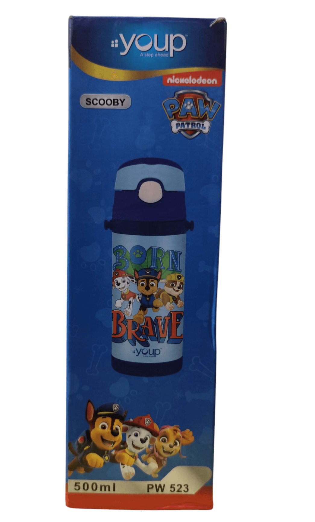 Paw Patrol insulated sipper bottle featuring Chase and friends with 500ml capacity in blue packaging
