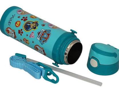 Paw Patrol insulated sipper bottle in blue with character stickers, detachable lid and strap