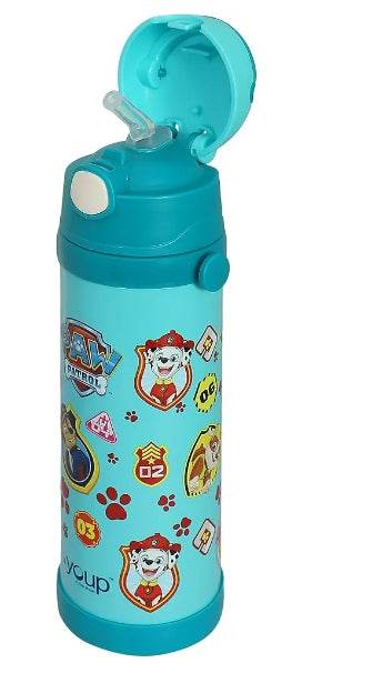 Blue Paw Patrol insulated sipper bottle with character prints and flip-top straw lid