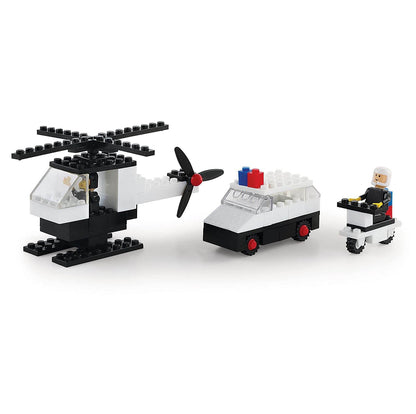 Highway patrol building block set featuring a black and white helicopter, police car, and officer on a motorcycle