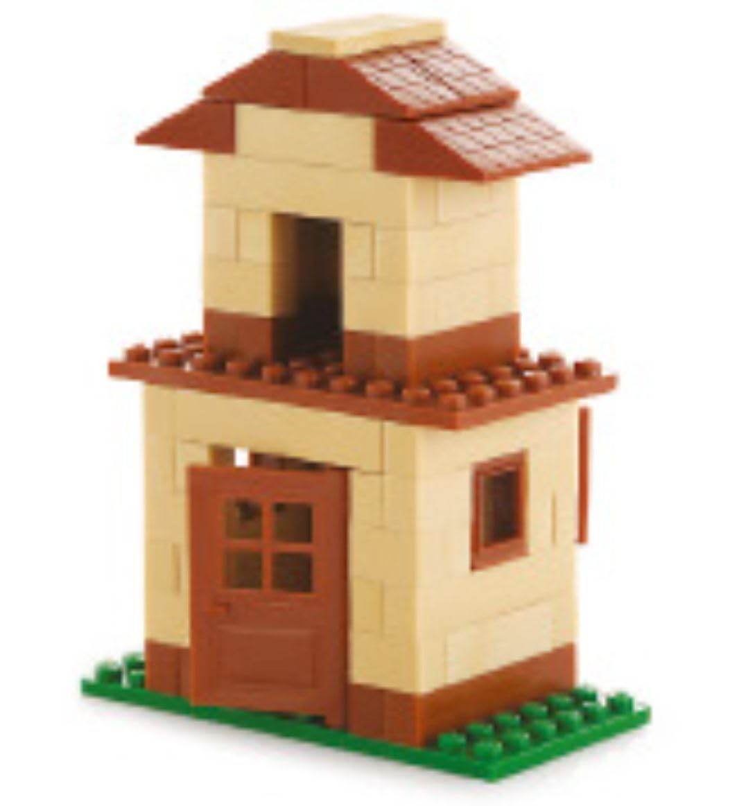 Peacock beige and brown house model made from interlocking building blocks for kids on green base
