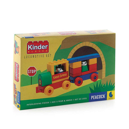 Peacock Kinder Blocks Locomotive Set with colorful interlocking train pieces and tunnel playset