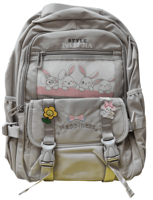 Lightweight school backpack for teens in beige with cute bunny design and multiple compartments