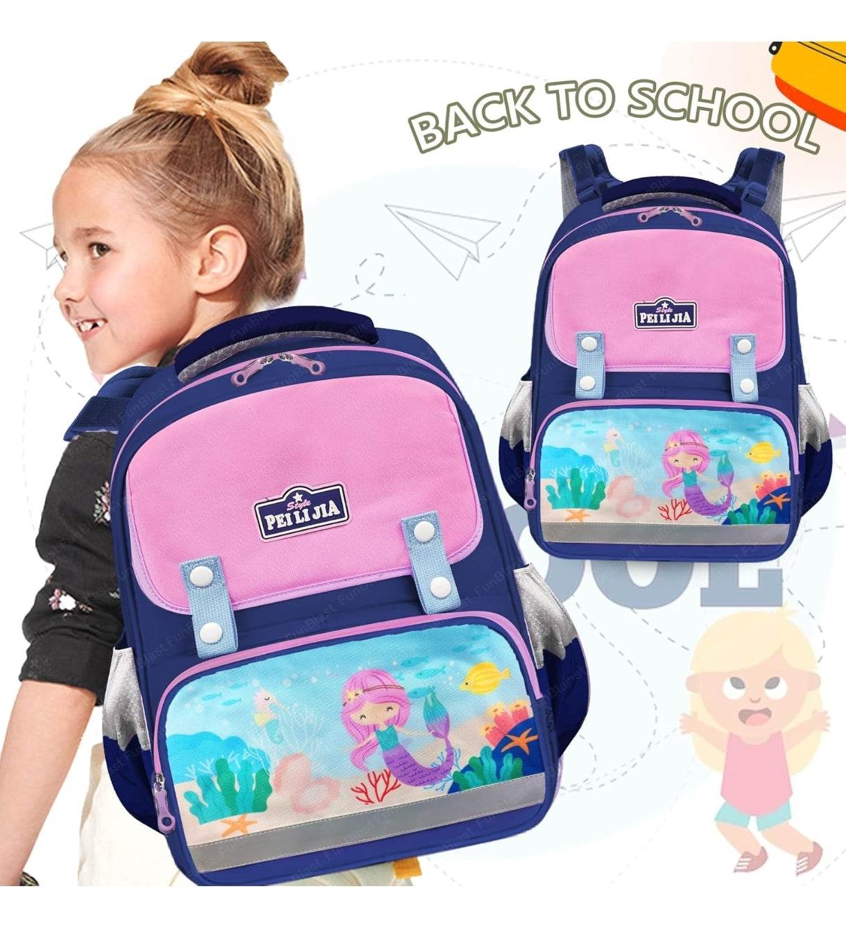 Pink and blue mermaid school bag for girls with ocean and mermaid design from T-Rex the toyland Sitamarhi