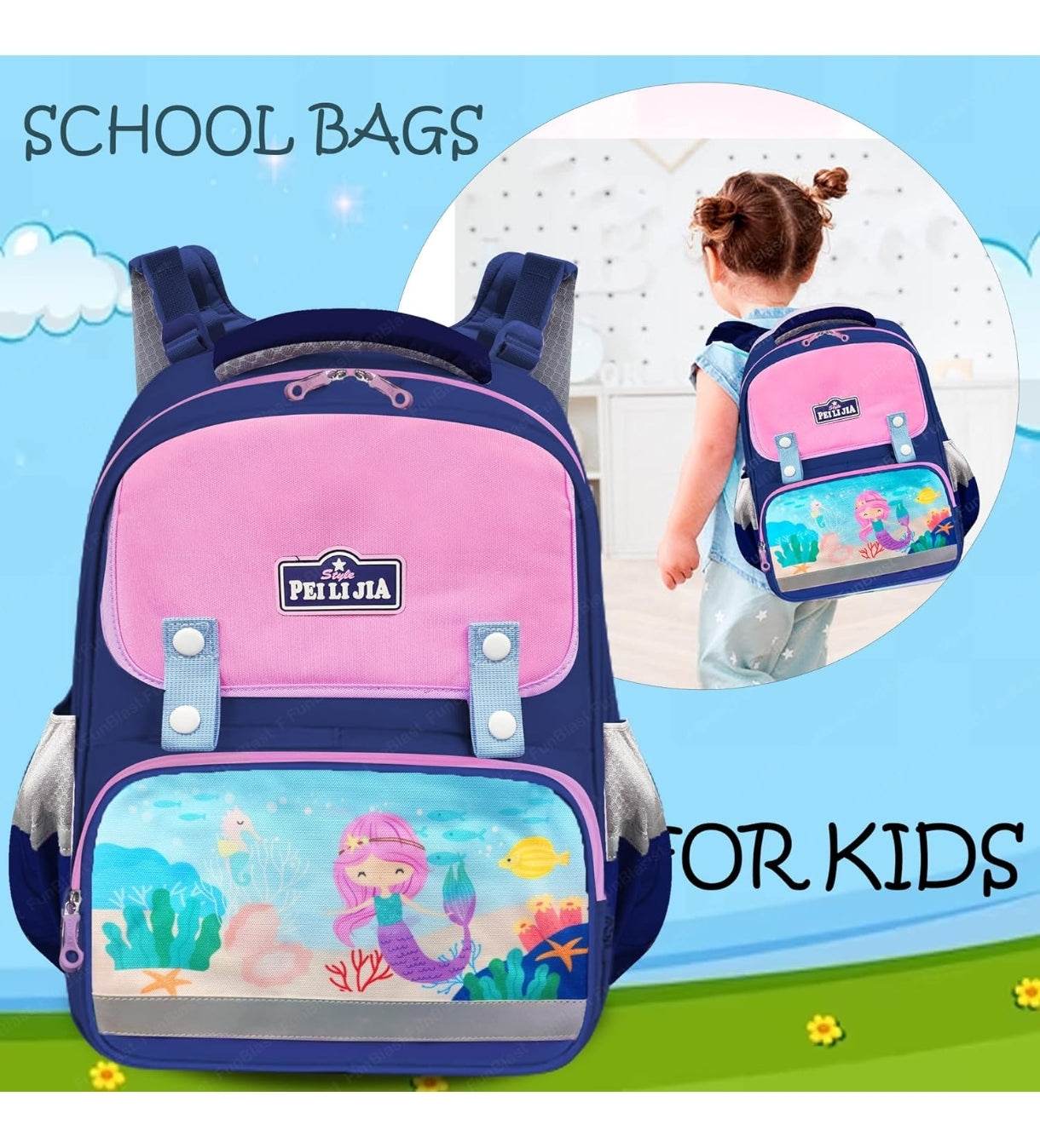 Mermaid school bag for girls in pink and navy blue with underwater design and adjustable straps