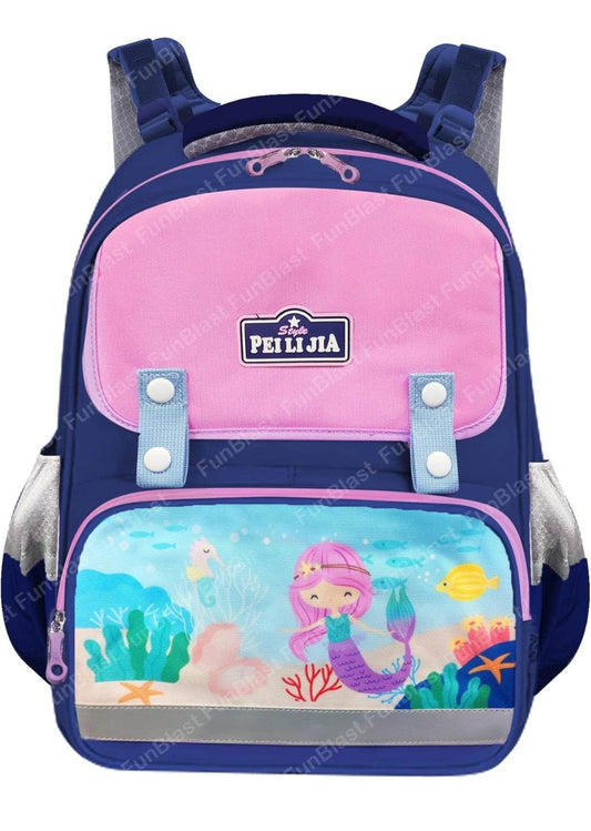 Mermaid school bag for girls in pink and blue with underwater mermaid design and multiple compartments