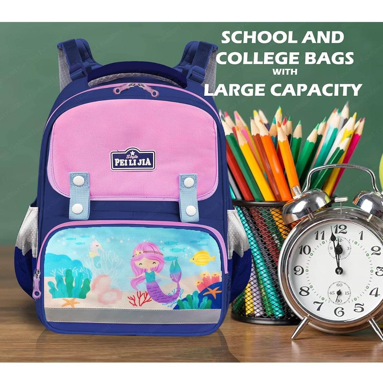 Mermaid school bag for girls with pink and blue colors featuring underwater design with large capacity