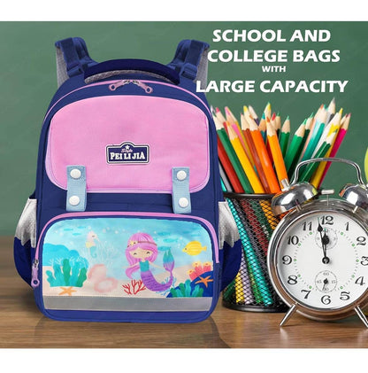 Mermaid school bag for girls with pink and blue colors featuring underwater design with large capacity