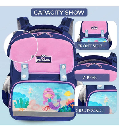 Mermaid school bag for girls in pink and blue with mermaid print front pocket and side pocket