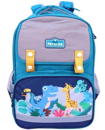 Zoo animal school bag for kids with colorful dinosaur giraffe and toucan design in blue and purple