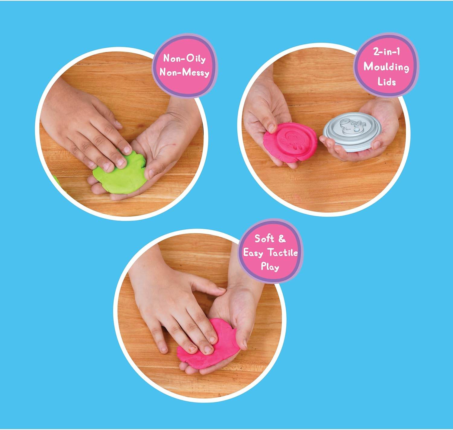 Peppa Pig dough tubs set showing hands playing with colorful non-oily, soft dough and 2-in-1 moulding lids