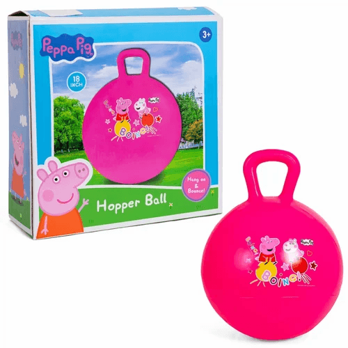 Pink Peppa Pig hopper ball with handle for kids aged 3 and up, includes tennis ball hopper with balls