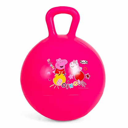 Pink Peppa Pig hopper ball for kids featuring a handle and playful graphics, ages 3-6 years