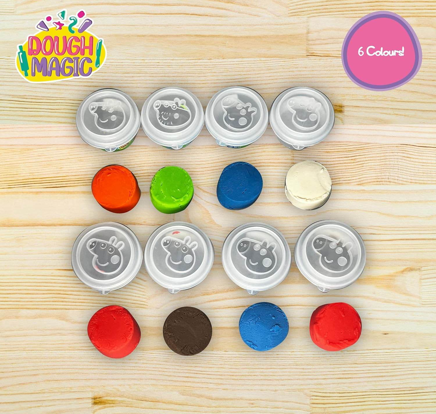 Kids molding clay with cutters in six vibrant colors including red green blue orange brown and white
