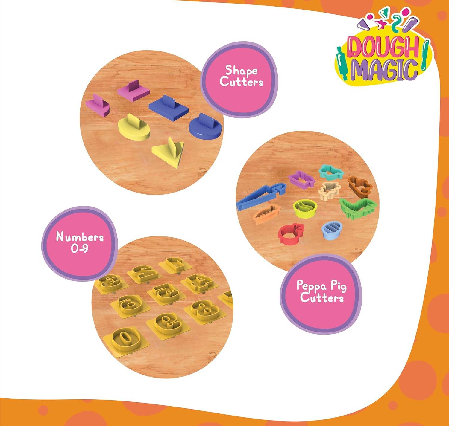 Kids molding clay with cutters including shape cutters, number cutters 0-9, and Peppa Pig cutters set