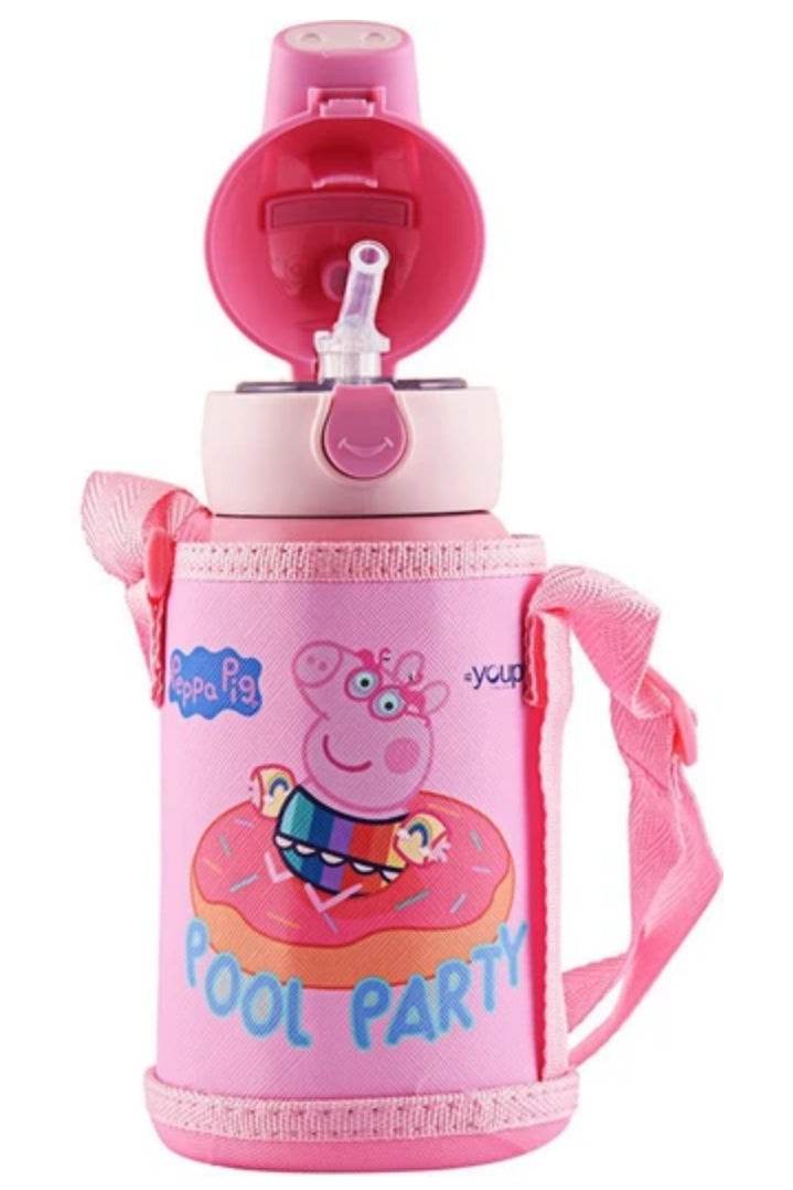 Peppa Pig sipper bottle for kids in pink with pool party design and carrying strap
