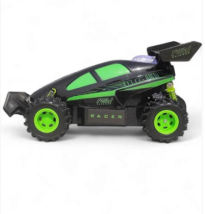 Black and green remote control racing car for kids with rugged tires and aerodynamic design