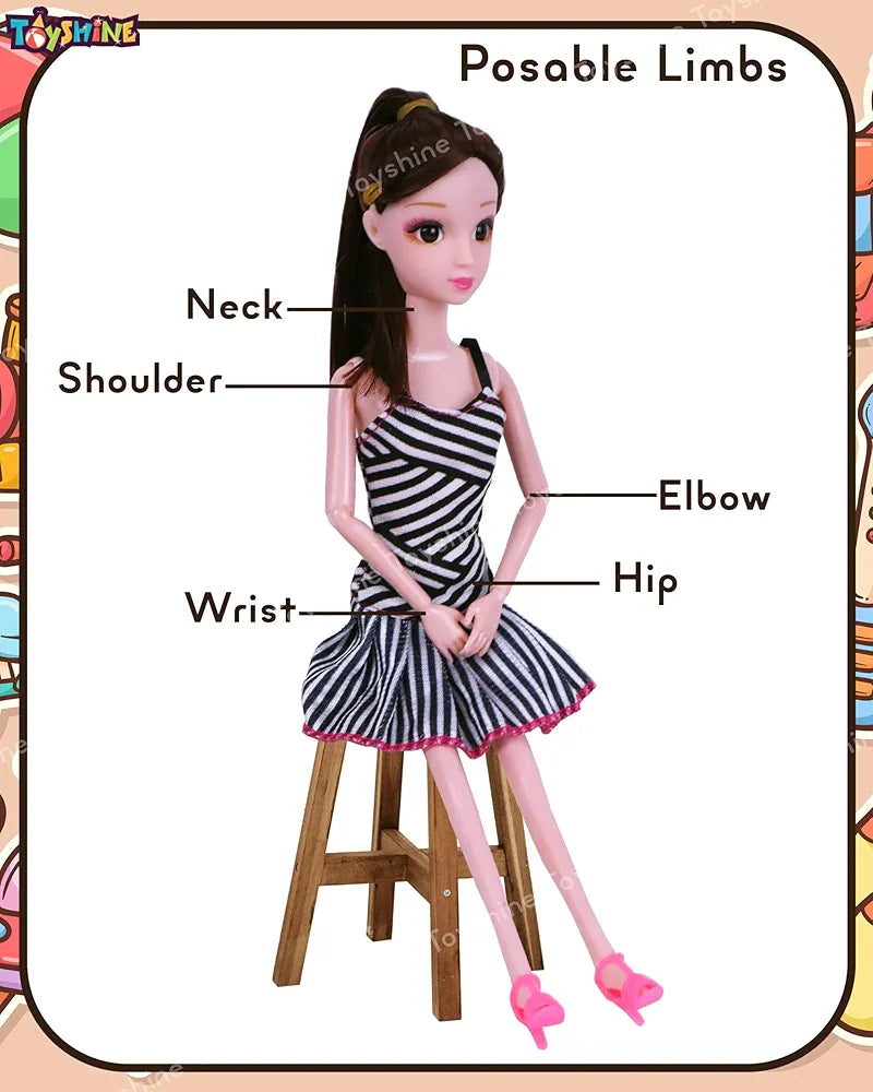 Doll in a pink dress dresses with posable limbs, ideal for children ages 3-6 years