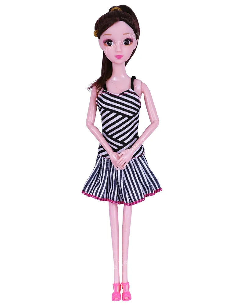 Doll in a pink dress dresses with striped pattern, ideal for ages 3 and up