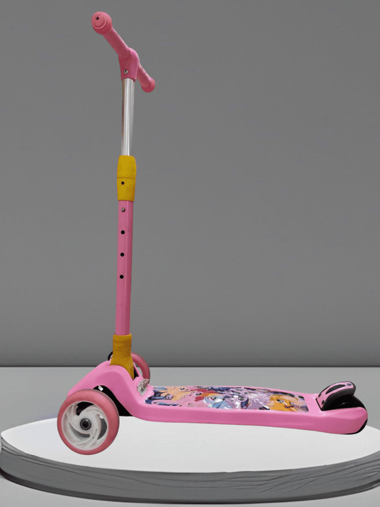 Pink kick scooter for kids with adjustable handlebar and cartoon-themed deck design
