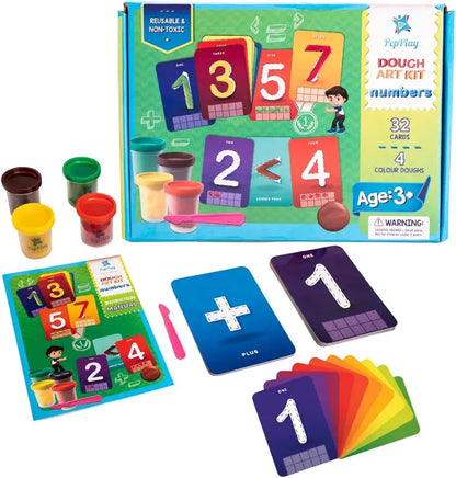 Play dough clip art kit with 32 educational cards and four colorful doughs for kids aged 3 and up