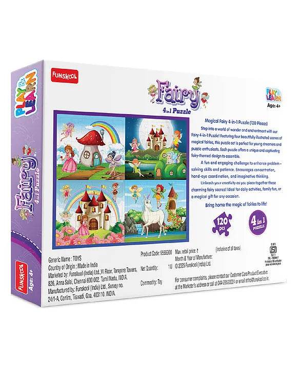 Play & Learn Funskool Fairy 4 in 1 Puzzle Game for Kids, 120 Pieces, Encourages Learning & Development, Fun Activity for Preschoolers, Multicolor, Set for Kid, Age 4+ Years - T-Rex the toyland Sitamarhi