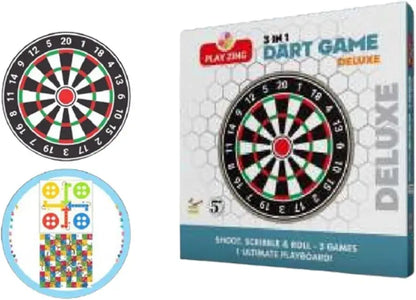 3 in 1 Dart Game Deluxe featuring a colorful board game for family fun with cardboard material