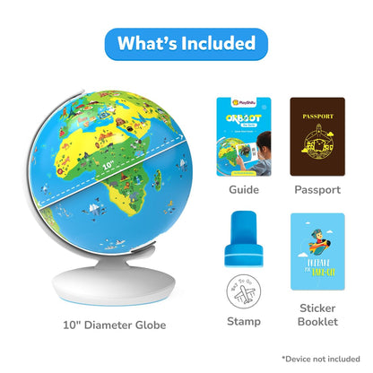 10-inch diameter globe educational toy for ages 5-10 with guide, passport, stamp, and sticker booklet