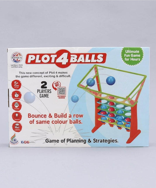 Plot 4 Balls game box showing two-player strategy game with colorful balls and grid for planning and building rows