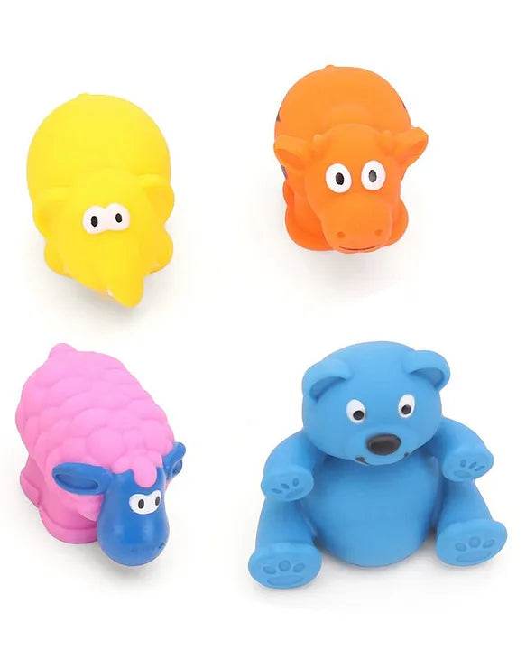 Colorful soft rubber plush animal toys for toddlers featuring a yellow cow, orange giraffe, pink sheep, and blue bear