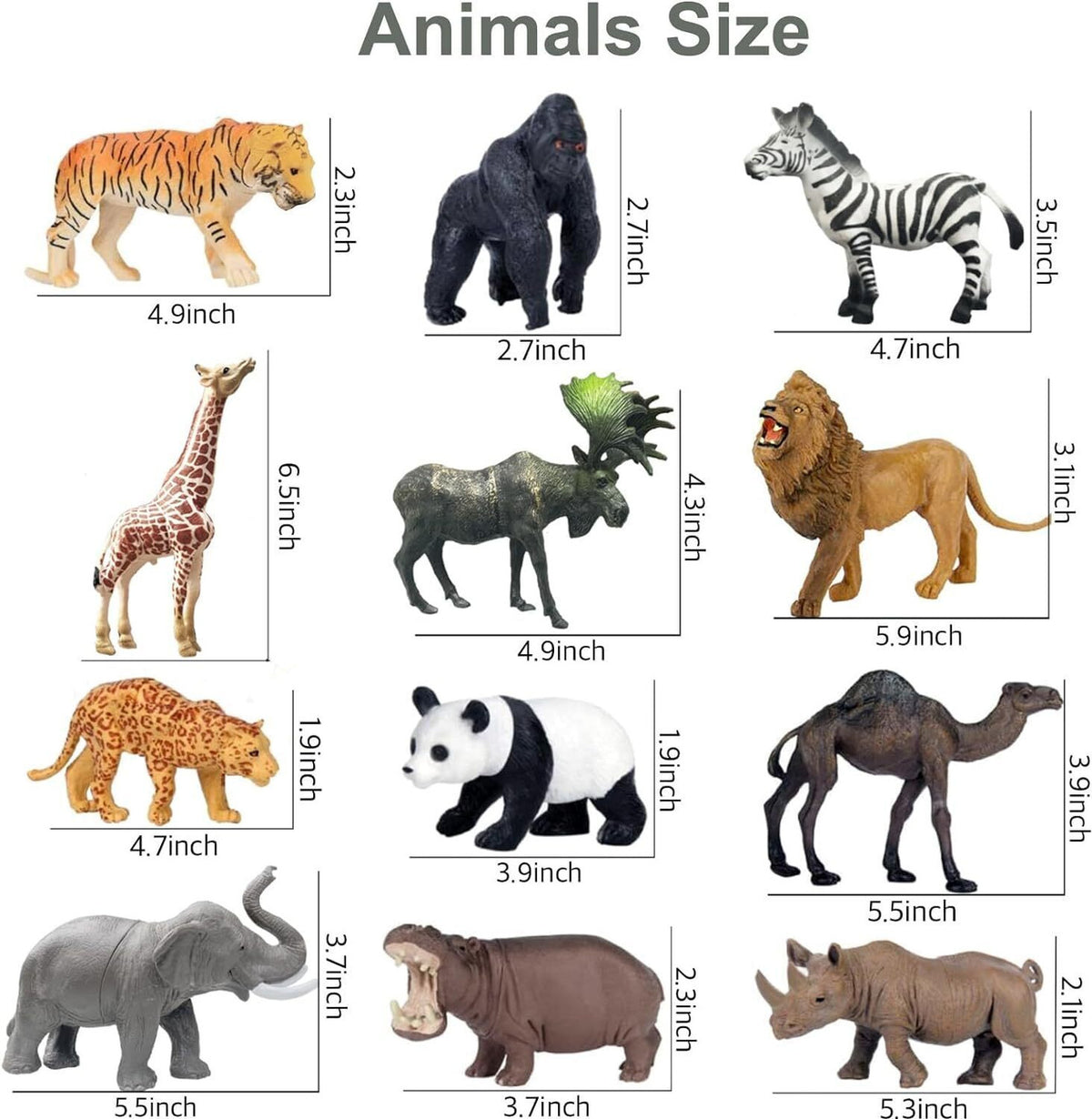 Assorted plush animal toys including tiger, zebra, giraffe, and panda for children aged 3 and up