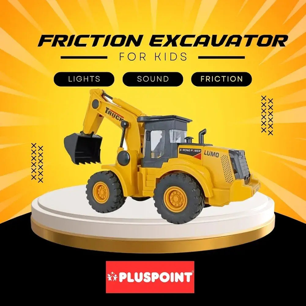Yellow friction excavator toy for kids with lights and sound, ideal for imaginative play.