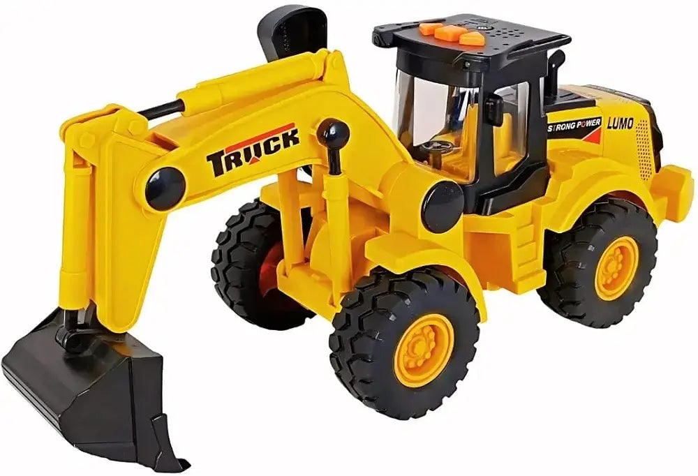 Yellow construction truck for rent with operational front loader for kids aged 3 and up