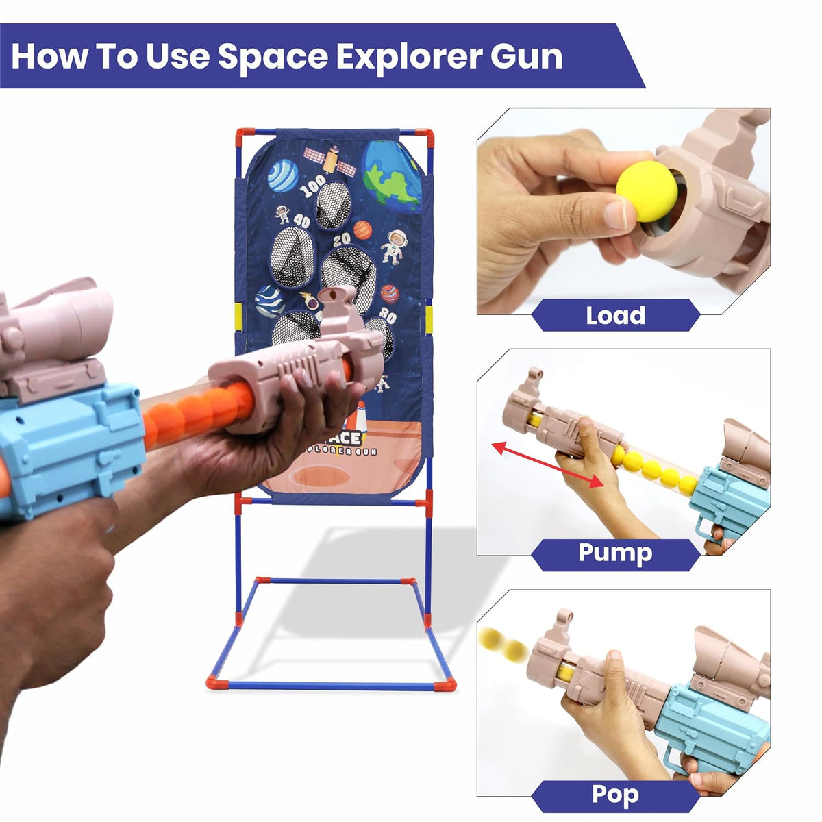 Pneumatic brad gun toy in pink and blue for kids, demonstrating loading and shooting action