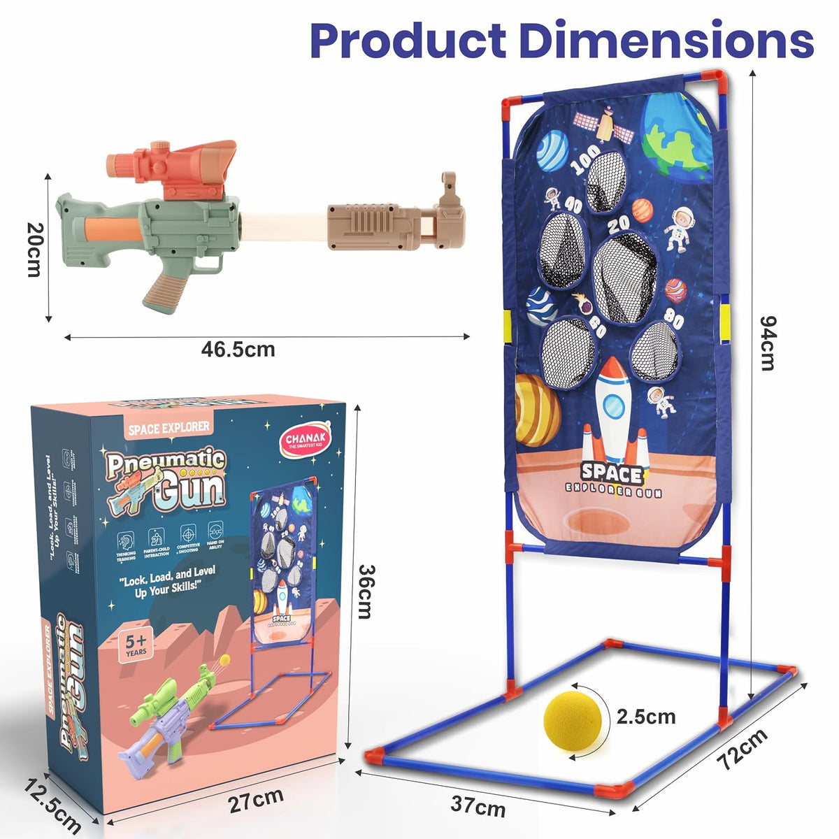 Pneumatic brad gun toy with colorful design for kids aged 5 and up, featuring space-themed target game.